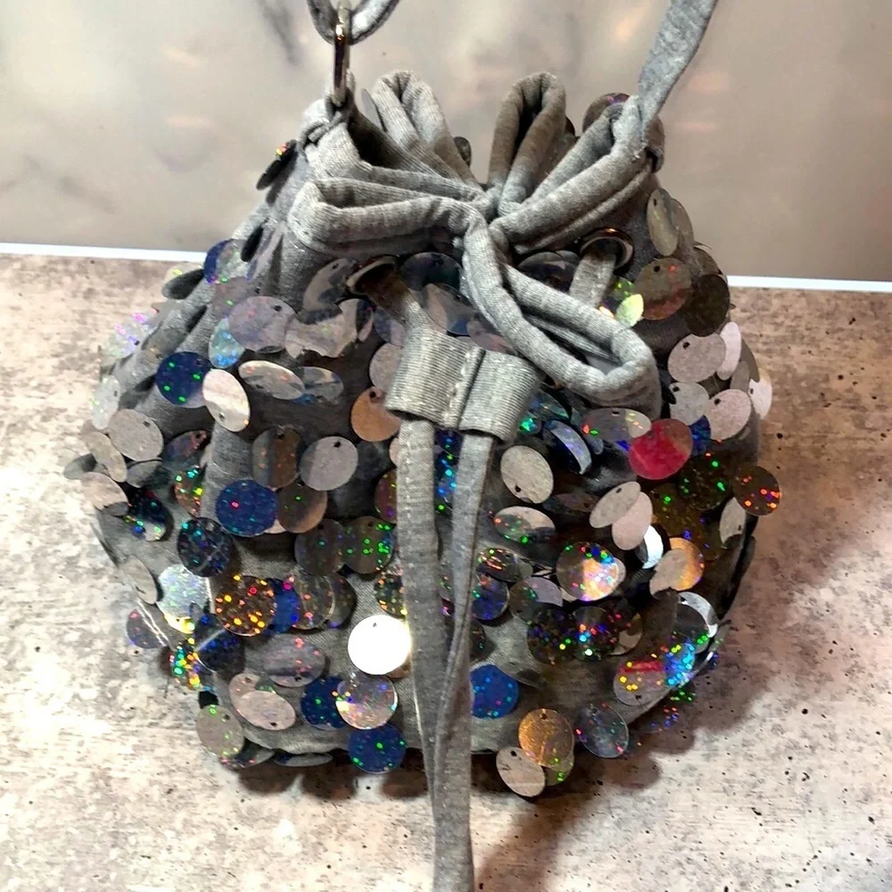 Justice Girls Heather Gray w Silver Sequin Hobo Bag Purse Lined Adjustable Strap